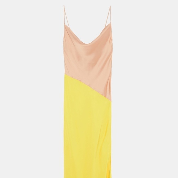 Zara Satin Effect Slit Yellow Nude Colorblock Slip Cami Midi Maxi Dress - Picture 7 of 15